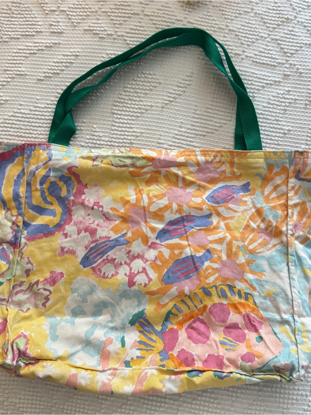 Colorful Floral Canvas Tote with Green Handles